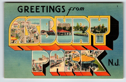 Greetings From Asbury Park New Jersey Linen Large Letter Postcard Beach Rides