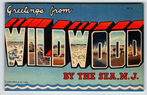 Greetings From Wildwood By The Sea New Jersey Linen Large Letter Postcard Beach