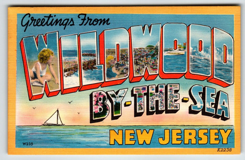 Greetings From Wildwood By The Sea New Jersey Linen Large Letter Postcard Boat