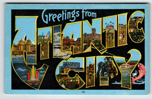 Greetings From Atlantic City NJ Large Letter Linen Postcard Lucy Steel Pier Fish