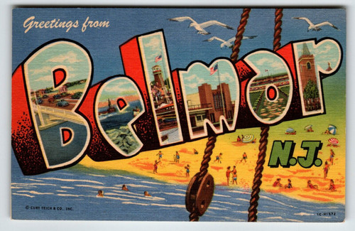 Greetings From Belmar New Jersey Linen Large Letter Postcard Beach Ocean Unused