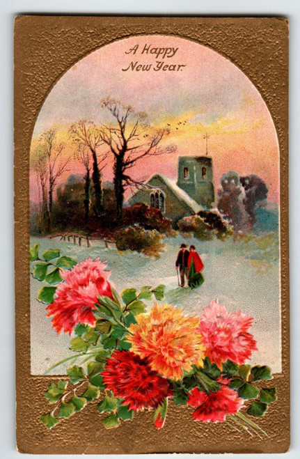 New Year Postcard Country Church Man Women Flowers Trees Embossed Germany 2149