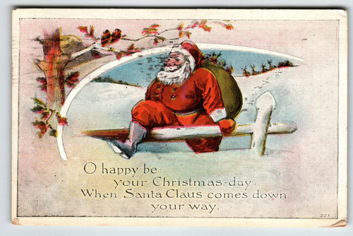 Christmas Postcard Santa Claus Climbs Over Fence Birds Tree Branches 1920 no 241