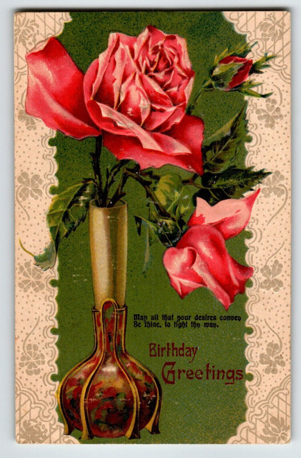 Birthday Flowers Postcard Embossed Pink Red Roses Bud Vase Germany Vintage 118