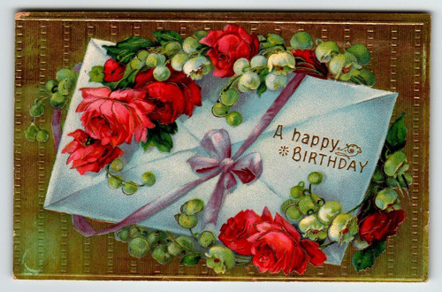 Birthday Flowers Postcard Gold Trimmed Embossed Pink Red Roses Letter Germany