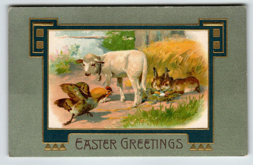 Easter Postcard Goats Rabbits Rooster Farm Animals John Winsch Back Germany 1908