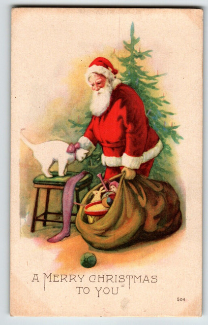 Santa Claus Father Christmas Postcard White Cat Gifts Tree 1925 Stamp Ser 504