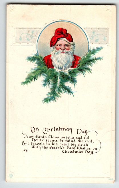 Santa Claus Christmas Postcard Holly Branches Vintage Holiday Greetings Embossed