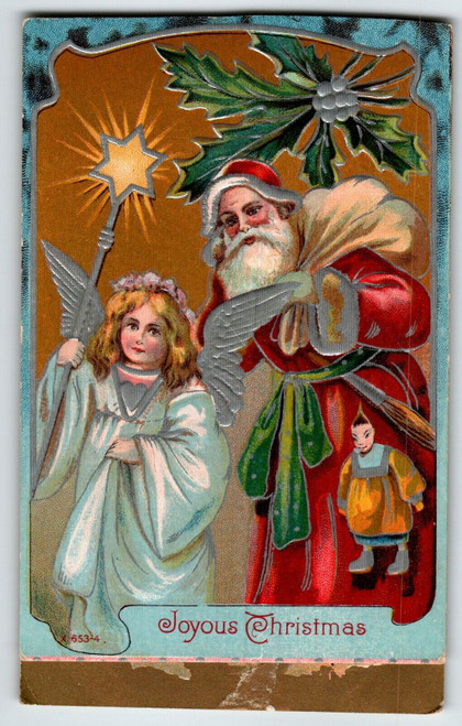 Santa Claus Christmas Postcard Angel With Star Staff Embossed Series X 653-4