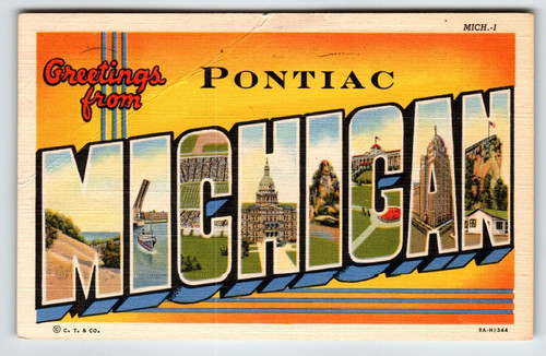 Greetings From Pontiac Michigan Large Big Letter Postcard Linen Curt Teich 1942
