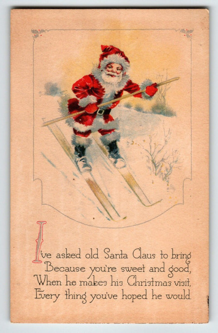 Santa Claus Christmas Postcard Saint Nick On Skies Downhill Skiing Gibson Unused