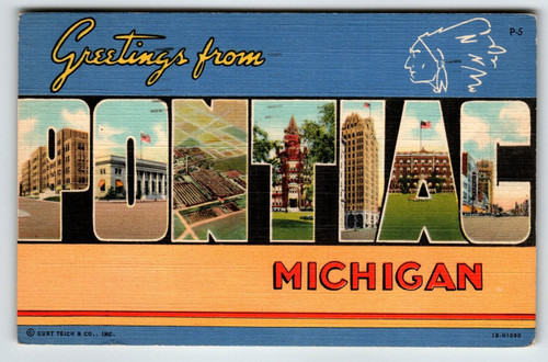 Greetings From Pontiac Michigan Large Big Letter Postcard Linen 1949 Curt Teich