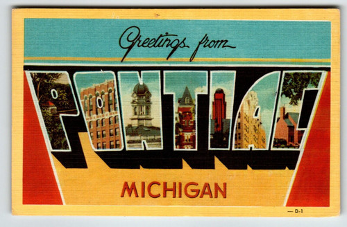 Greetings From Pontiac Michigan Large Big Letter Postcard Linen Dexter Unposted