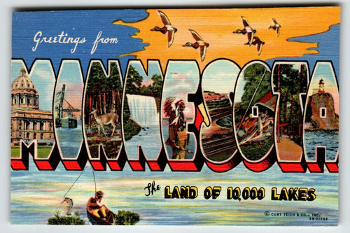 Greetings From Minnesota Land Of 10,000 Lakes Large Big Letter Postcard Linen