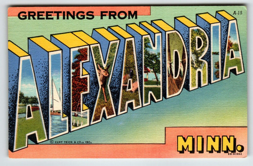 Greetings From Alexandria Minnesota Large Big Letter Postcard Linen Curt Teich
