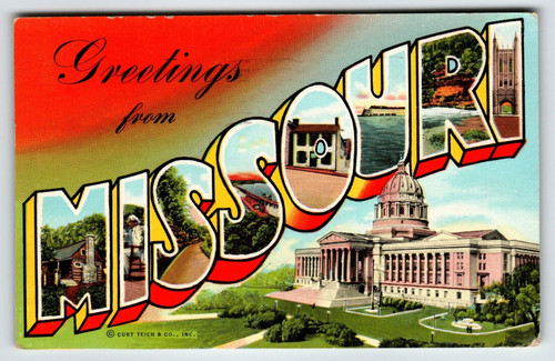 Greetings From Missouri Large Letter Postcard Linen Curt Teich 1945 Matt's Cabin