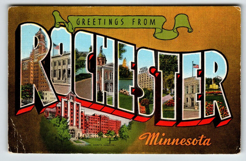 Greetings From Rochester Minnesota Large Big Letter Postcard Linen Kropp 1948