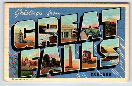 Greetings From Great Falls Montana Postcard Large Big Letter Curt Teich Unused