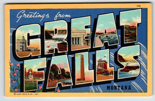 Greetings From Great Falls Montana Postcard Large Letter Curt Teich Unused Gold