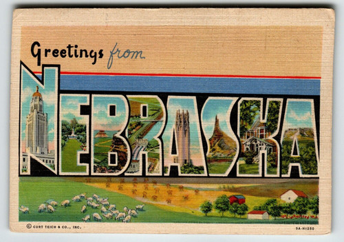 Greetings From Nebraska Postcard Large Big Letter State Curt Teich 1948 Vintage