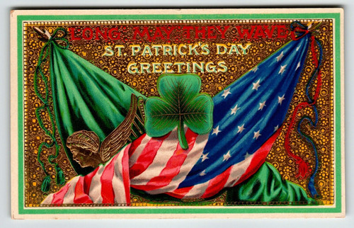 St Patrick's Day Postcard Barton Spooner Gold Gel US Flag Angel Embossed Unused