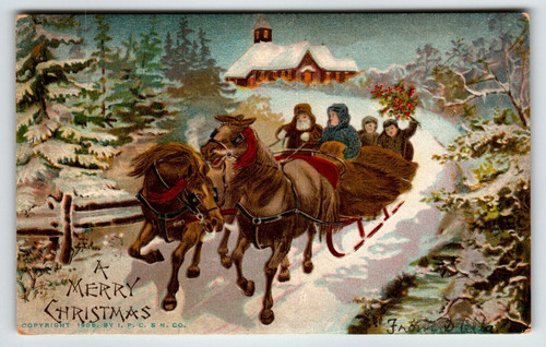 Christmas Postcard Horse Carriage Family County Road Snow Trees Church 1906 IPCN
