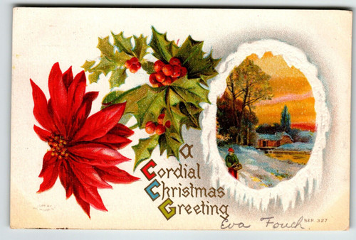 Christmas Postcard Embossed Series 327 Poinsettia Flowers Cordial Greetings