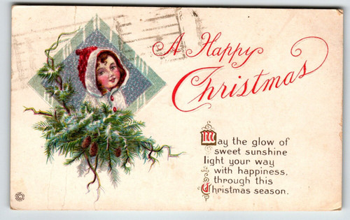 Christmas Postcard Girl Wearing Hooded Jacket Stecher Greetings Vintage 1919