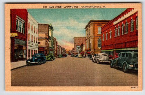 Main Street Charlottesville Virginia Postcard Old Cars Linen Unposted VA Vintage