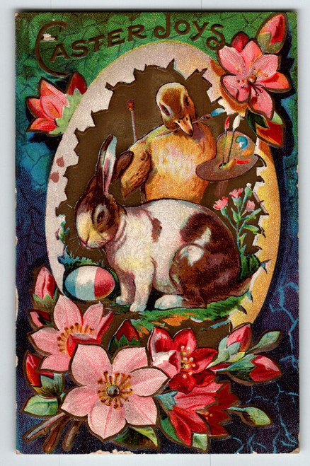 Easter Postcard Bunny Duck Painter With Easel Rabbit Painted Egg Embossed Flower
