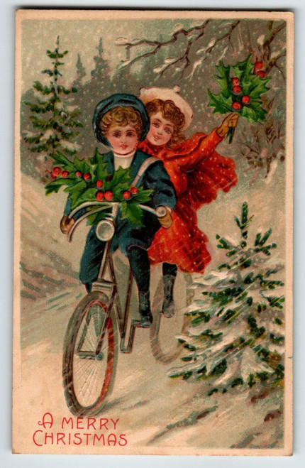 Christmas Postcard Children On Bicycle Boy Girl Embossed Germany Snow BW 296
