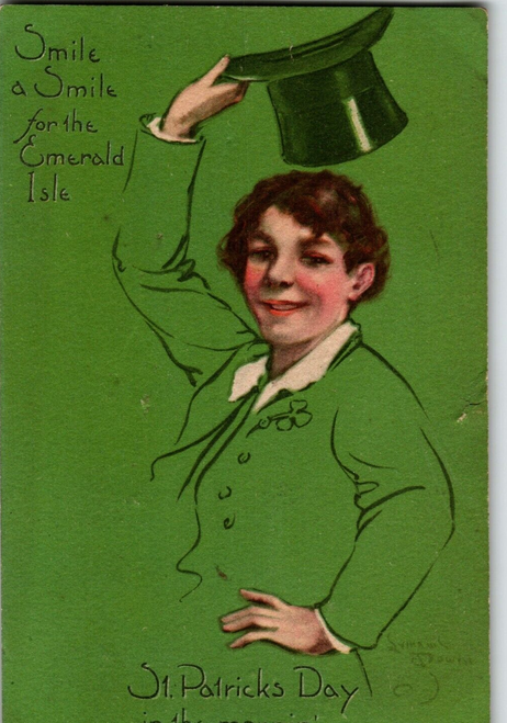 Smile for the Emerald Isle St. Patricks Day Postcard Top Hat Signed Samuel Davis