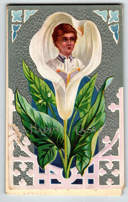 Easter Postcard Choir Boy Inside Lily Flower Bud Embossed John Winsch Back 1910