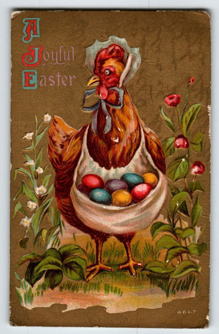 Easter Postcard Dressed Hen Painted Eggs Embossed Anthropomorphic Flowers 1910