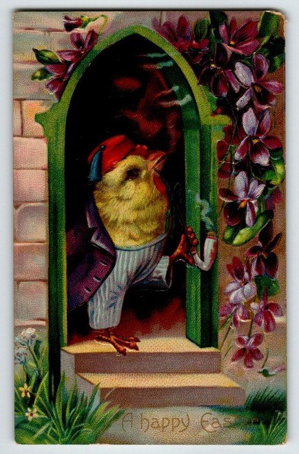 Easter Postcard Colorful Dressed Baby Chick In Fez Hat Pipe Fantasy Germany 1910