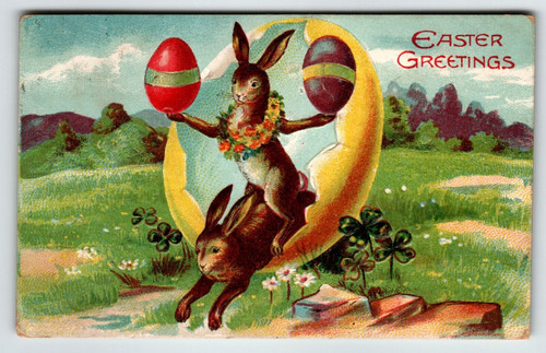 Easter Postcard Fantasy Bunny Rabbits Burst Out Of Giant Egg 1909 Germany