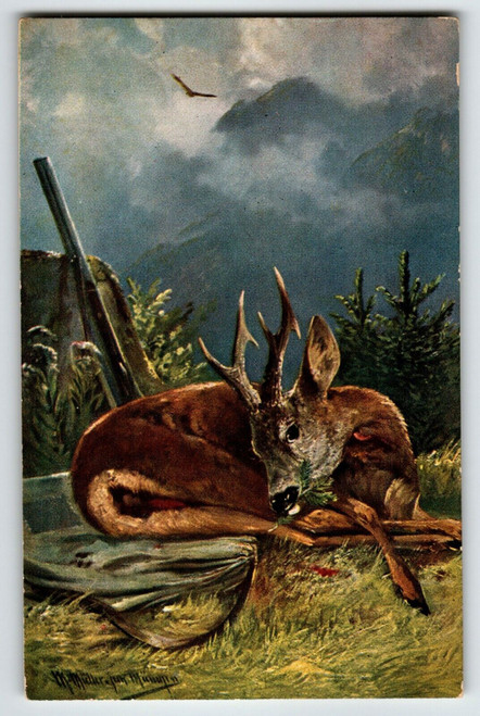 Postcard Deer Rifle Mountains Mist Rustic Nature Signed Muller KF France 1383