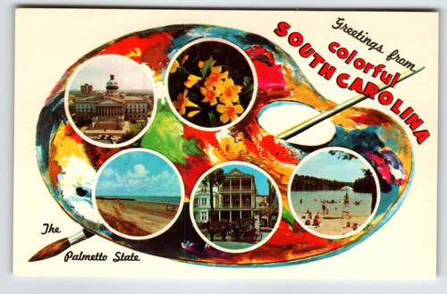 Postcard Greetings From South Carolina Chrome Paint Pallet Paintbrush Colorful Postcard Greetings From South Carolina Chrome Paint Pallet Paintbrush Colorful