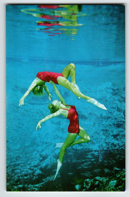 Postcard Weeki Wachee Mermaid Florida Two Swimsuit Women Underwater Show Chrome