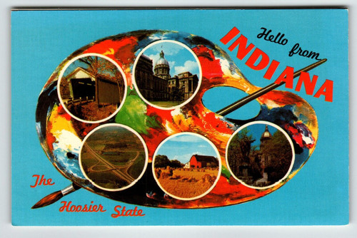 Postcard Greetings From Indiana Chrome Paint Pallet Paintbrush The Hoosier State Postcard Greetings From Indiana Chrome Paint Pallet Paintbrush The Hoosier State