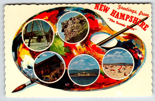 Postcard Greetings From New Hampshire Chrome Paint Pallet Paintbrush Deckled '63