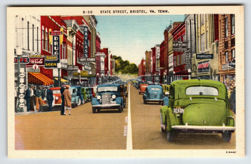 Coca-Cola Sign Old Cars State Street Bristol Virginia Tennessee Postcard Linen