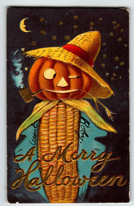 Halloween Postcard Corn Cob Man Anthropomorphic Moon Stars Embossed Fantasy 1909