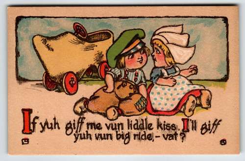 Dutch Boy Girl Postcard Comic Wooden Shoe Car Buggy On Wheels TP & Co. Unused