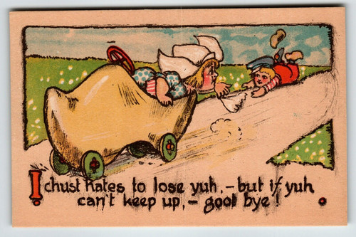 Dutch Boy Girl Postcard Comical Wooden Cart Shoe On Wheels TP & Co. Unposted