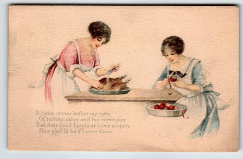 Postcard Thanksgiving Turkey Platter Women Peels Apples Pink Of Perfection 1914