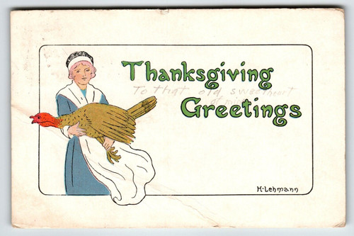 Postcard Thanksgiving Greetings Women Turkey Signed H Lehmann Vintage Holiday