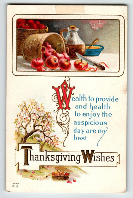 Postcard Thanksgiving Wishes Apple Basket Cider Tree Nash Embossed Series T-50