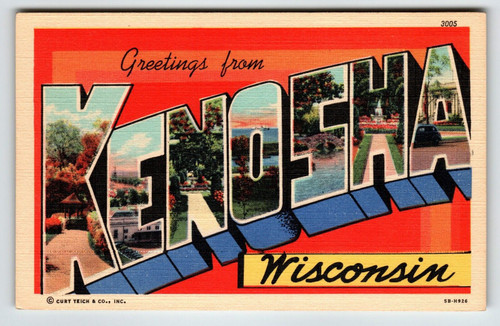Greetings From Kenosha Wisconsin Large Big Letter Postcard Curt Teich Unused