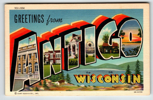 Greetings From Antigo Wisconsin Large Big Letter City Postcard Curt Teich Unused